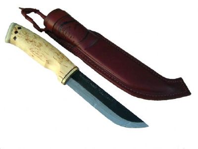 COUTEAU PUUKKO MERIMAA KARHU - KARHU LAME CARBONE 12 CM, manche bouleau, étui cuir