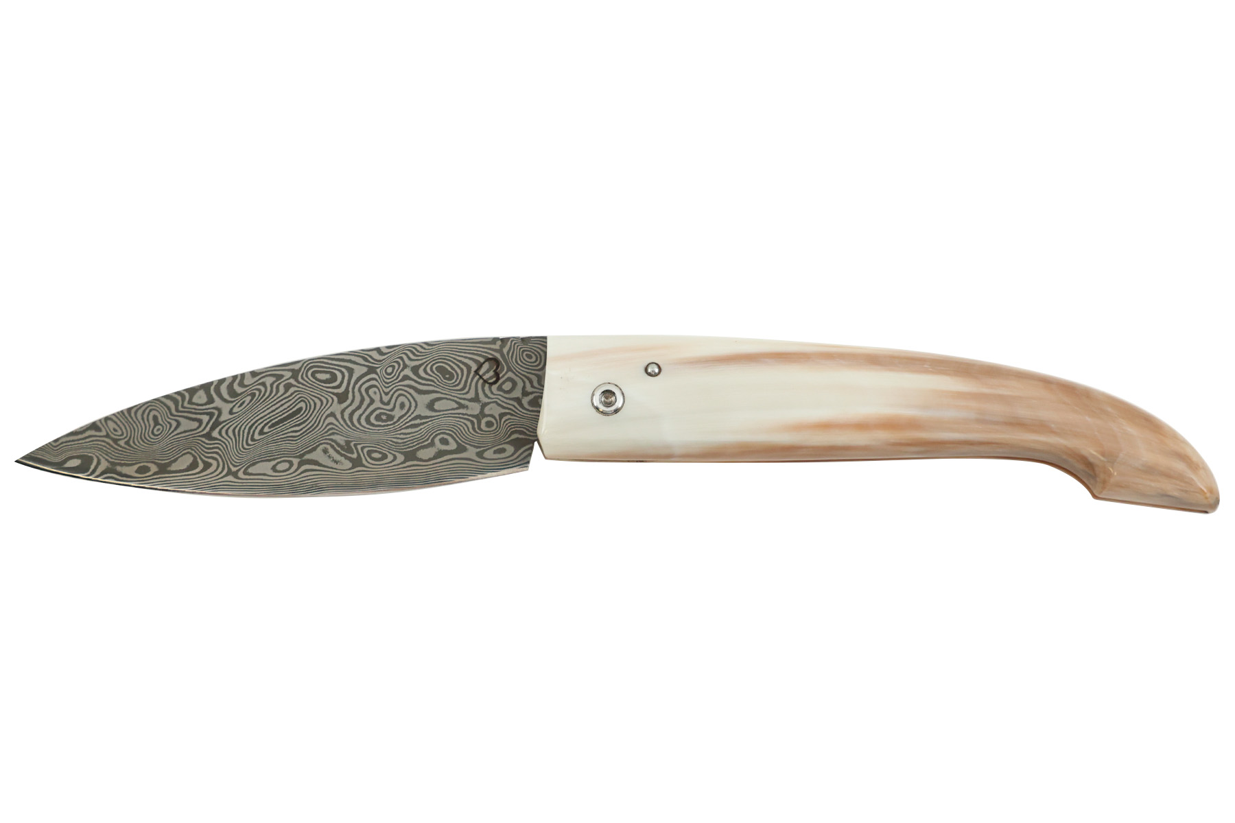 Couteau l'Ariégeois corne blonde Damasteel par la coutellerie Savignac