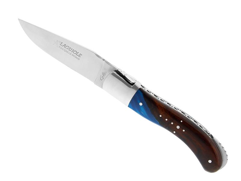 Couteau pliant Laguiole Fontenille Pataud Sport -  manche 13 cm bois de fer et résine époxy bleue