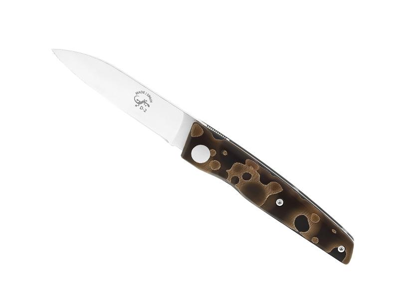Couteau Salamandra - manche 9,5 cm polymère translucide avec inclusion bronze sur fond noir