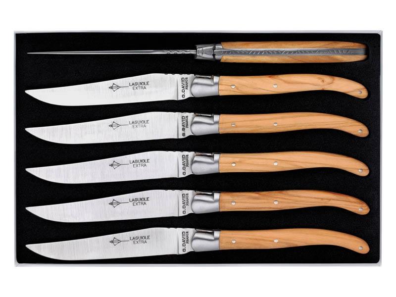 Coffret 6 couteaux de table Laguiole Arbalète G. David - manche 23 cm olivier